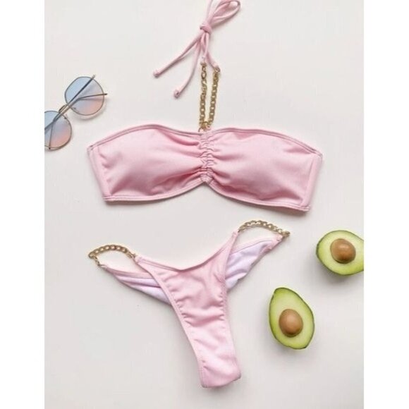 Chain Ruched Halter Bikini Swimsuit👙🌟 - Picture 4 of 7